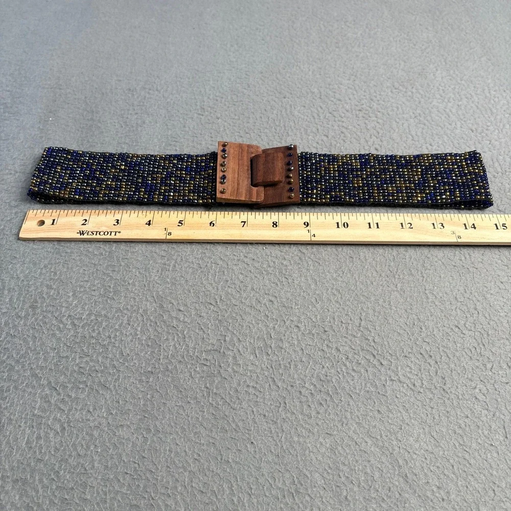 Handmade Indonesian Beaded Belt Navy Blue Gold Wood Buckle Boho Wide 29.5in